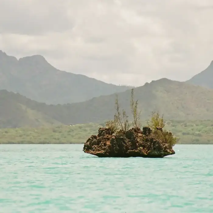 Îlot rocheux au milieu du lagon, île Maurice